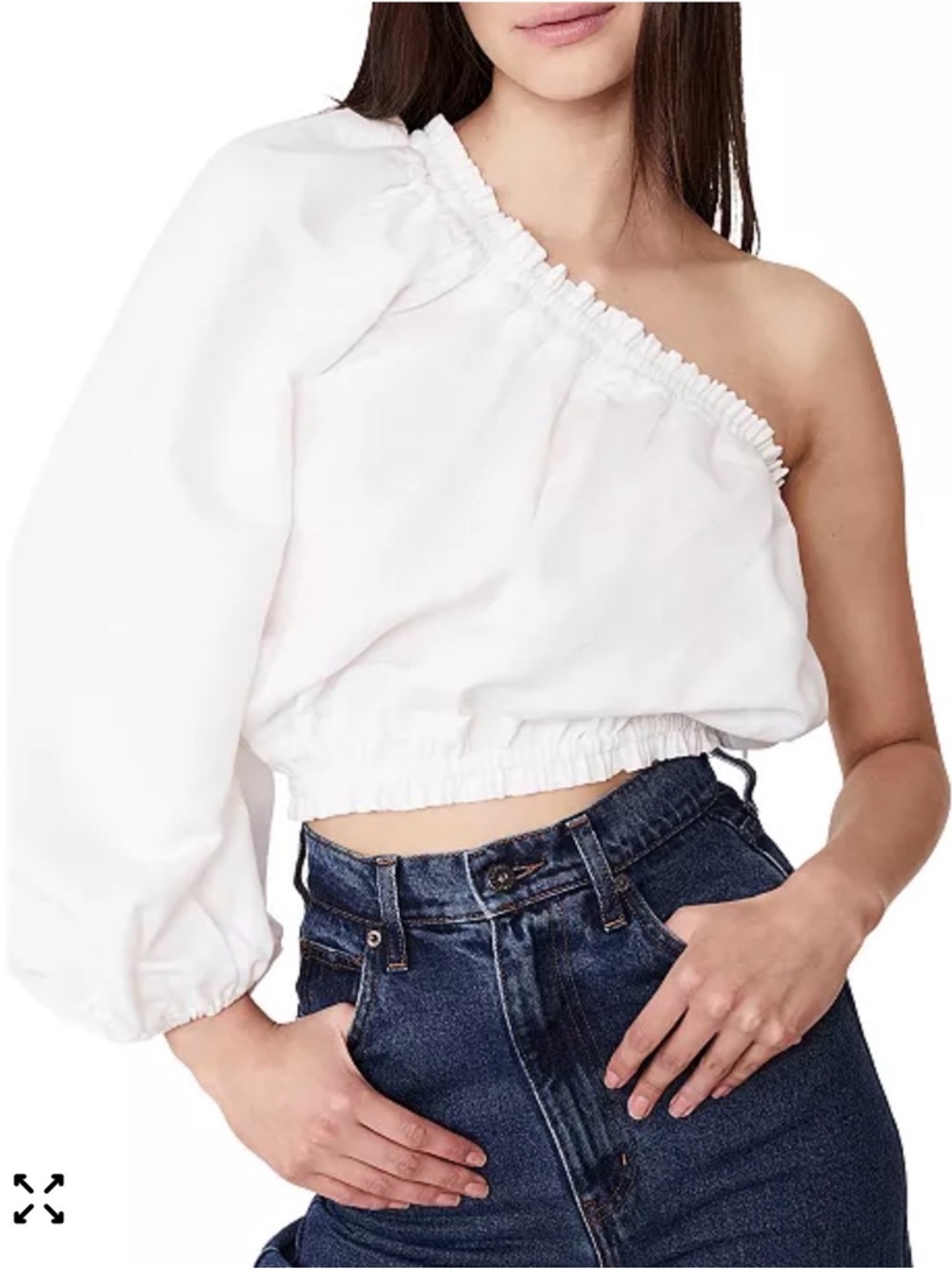Bardot Frankie One-Shoulder White Crop Top with Puff Sleeve Linen Blend